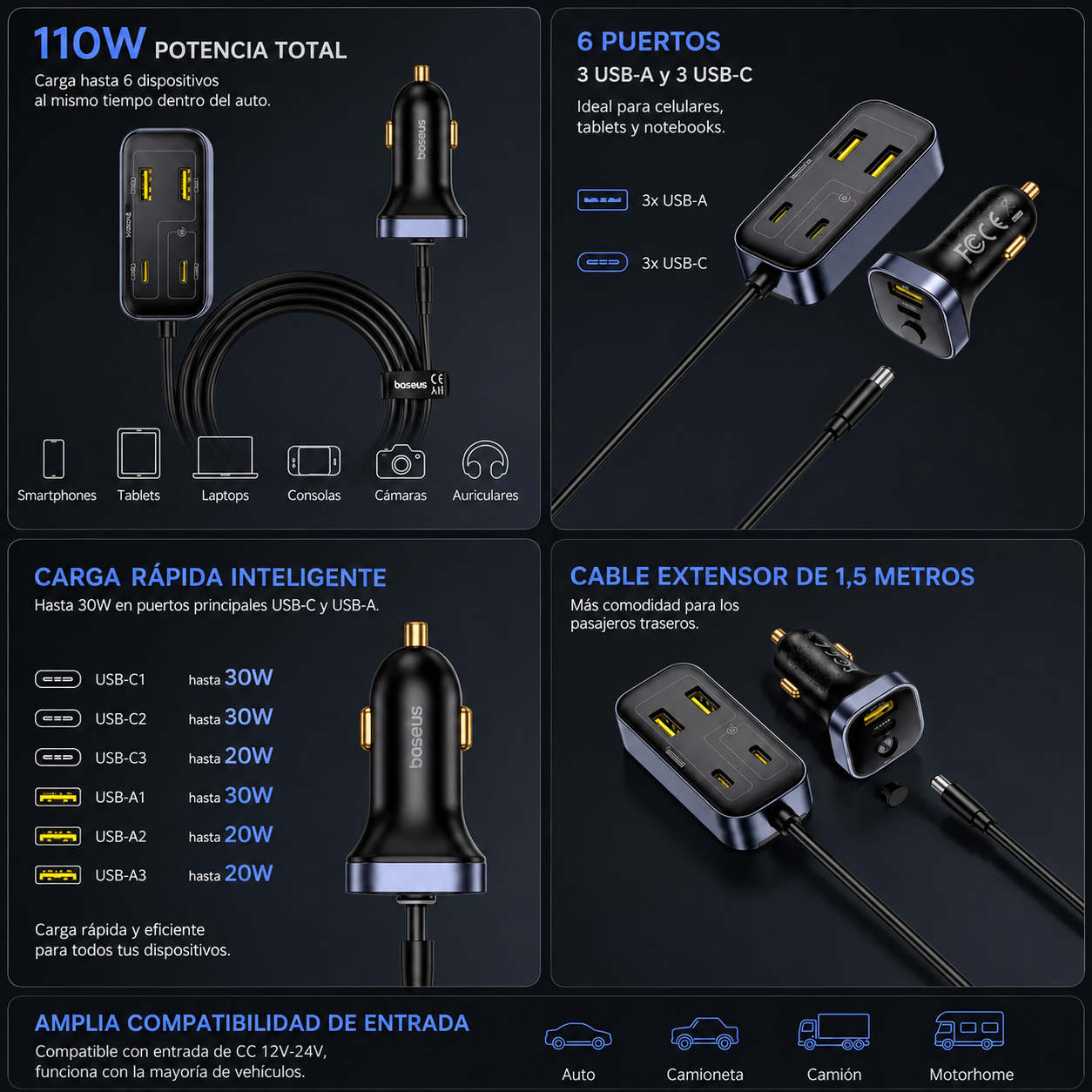 CARGADOR AUTO 6 EN 1 - BASEUS