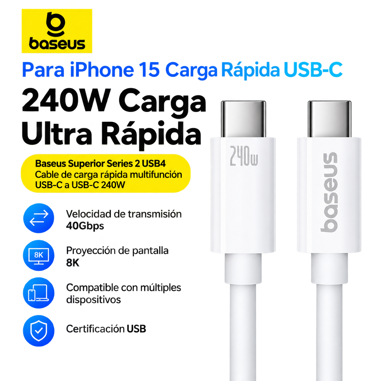 CABLE USB-C A USB-C 240W III (WHITE) - BASEUS