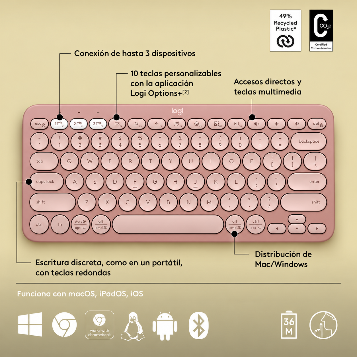 TECLADO LOGITECH BLUETOOTH K380S PEBBLE KEYS 2 - ROSA
